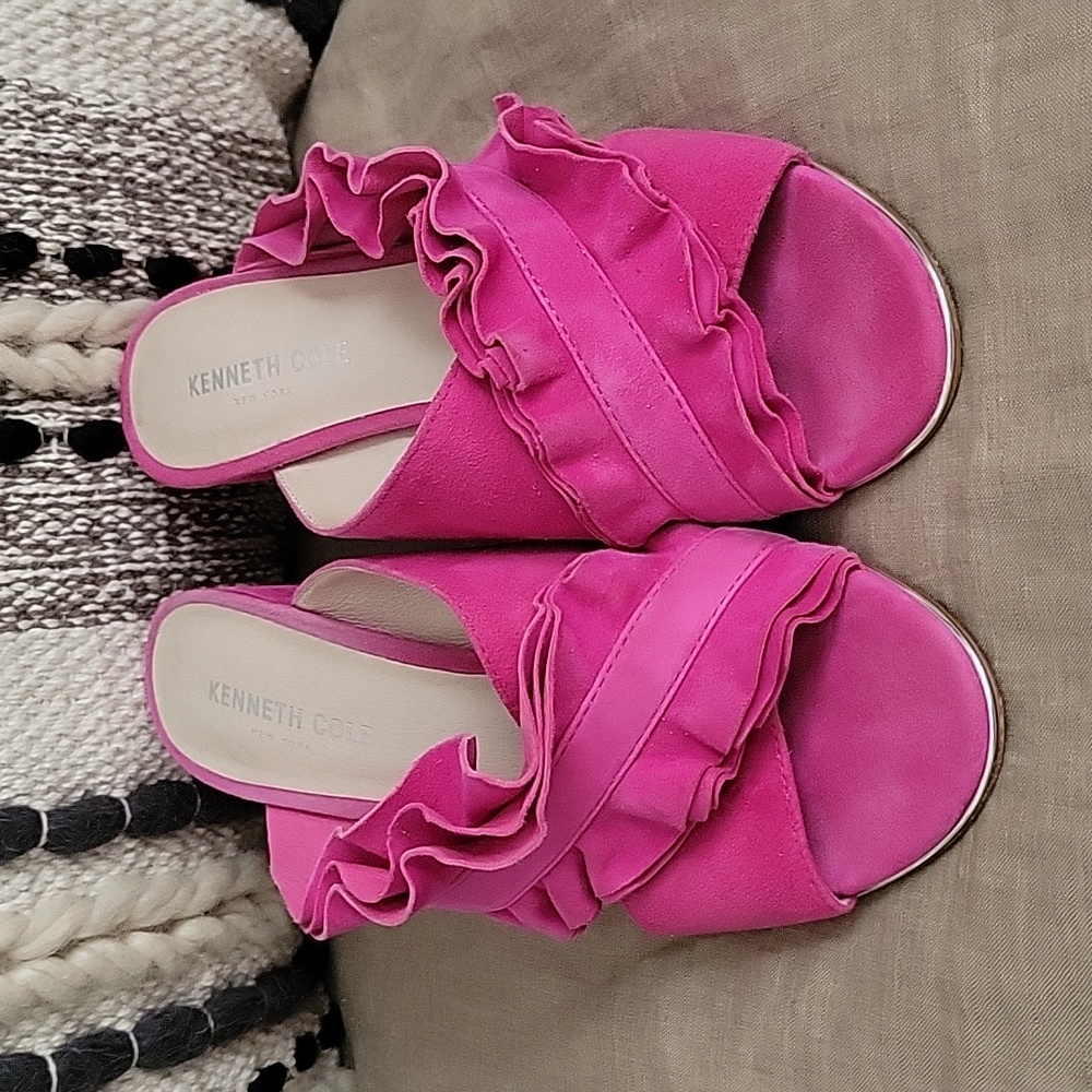 Kenneth Cole New York Laken Ruffle Strap Slide Hot Pink, Block Heel Sandal 8 M - Picture 2 of 10